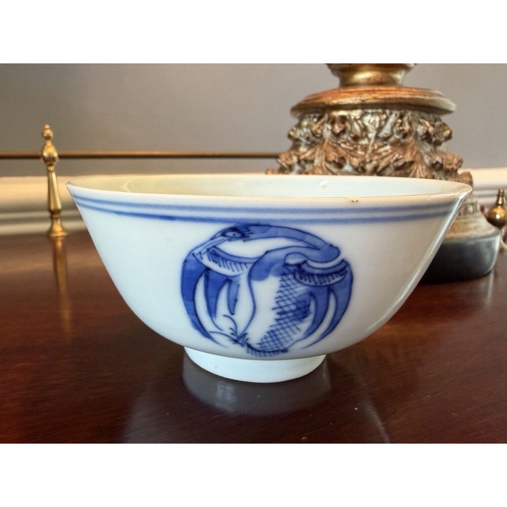 Antique Chinese Blue and White Bowl Crane Marked